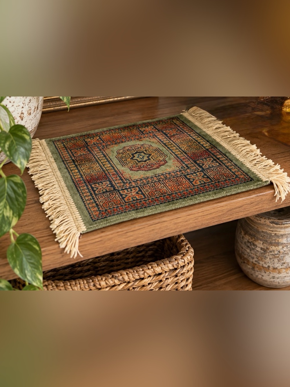 Vintage Persian-Style Miniature Rug With Intricate Design & Fringes